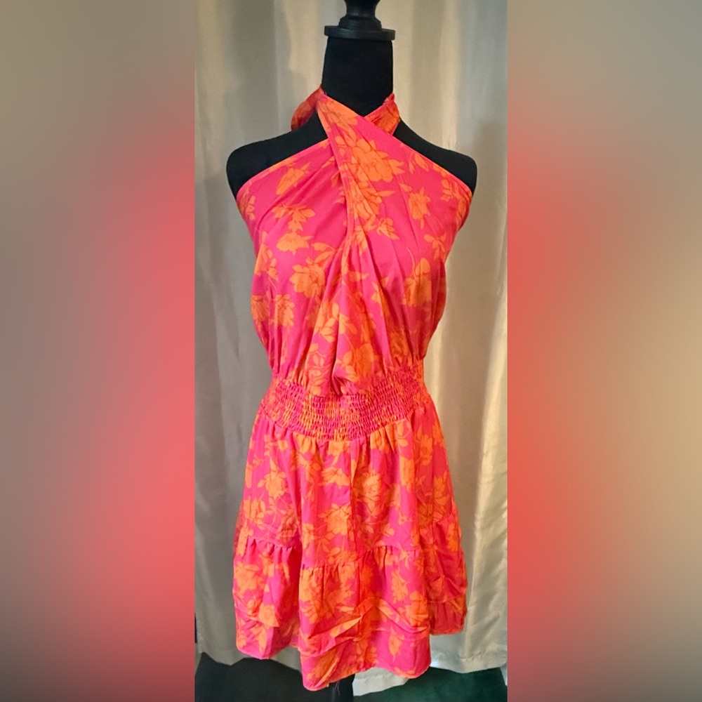 Floral One-Shoulder Dress or halter dress in Pink and Orange - Picture 2 of 3